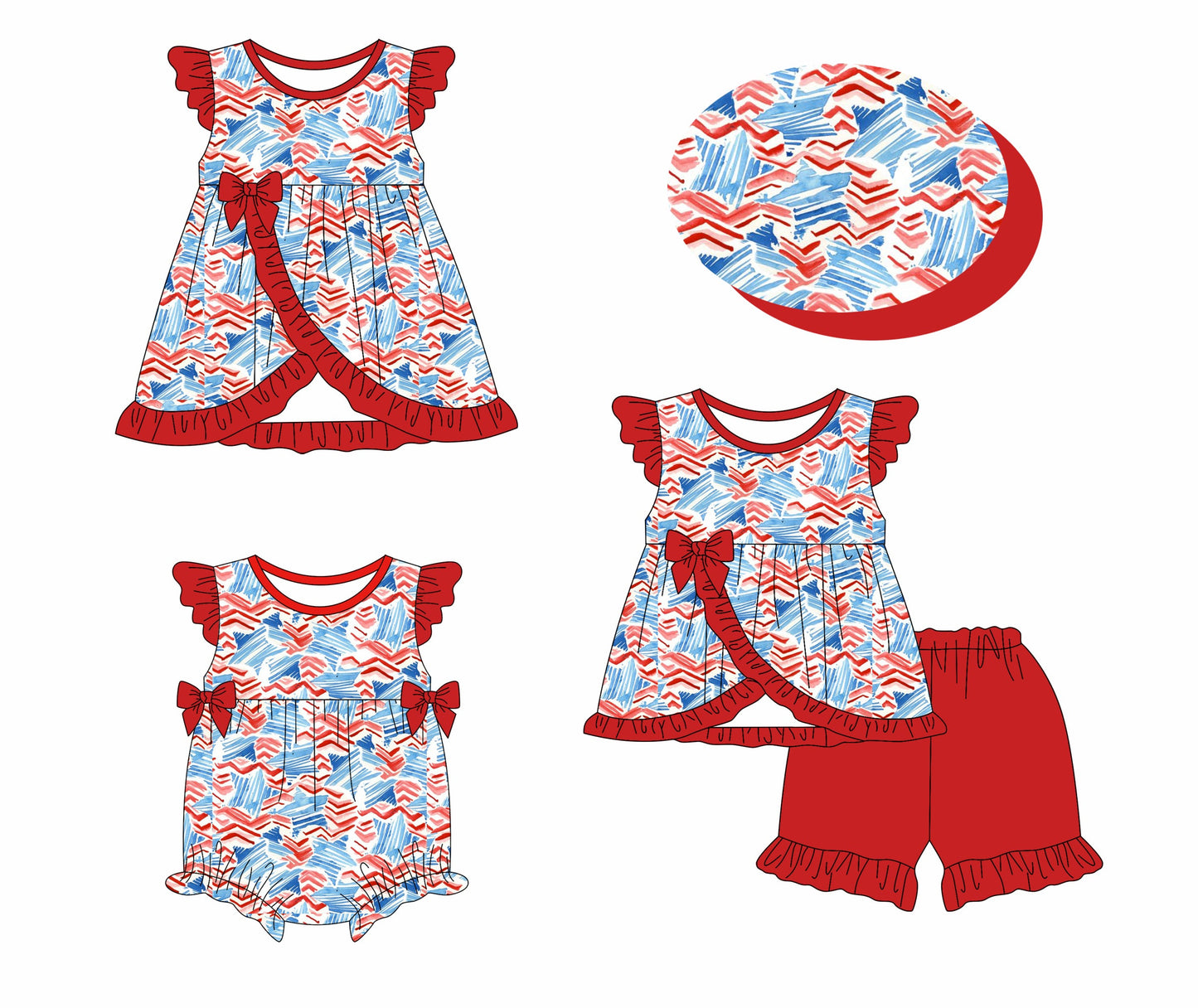 Baby Girl July 4th Stars Bows Sibling Romper Dress Set ( Moq 5 Each Style ) 1.14