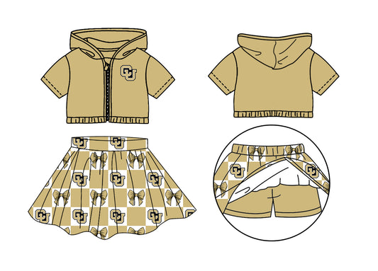 ( Moq 5 Each Style ) Baby Girls Kids Short Sleeves Khaki Hoodie Zipper Tops Bows Plaid Shorts Skirt Team Set