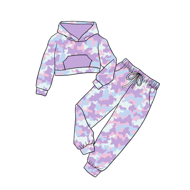 Baby Girl Long Sleeves Camo Purple Hoodie Pocket Shirt Pants Set