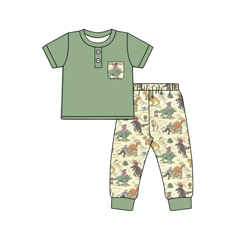 Baby Boy Short Sleeves Pocket Green Shirt Dinosaurs Rodeo Pants Western Set Moq 5