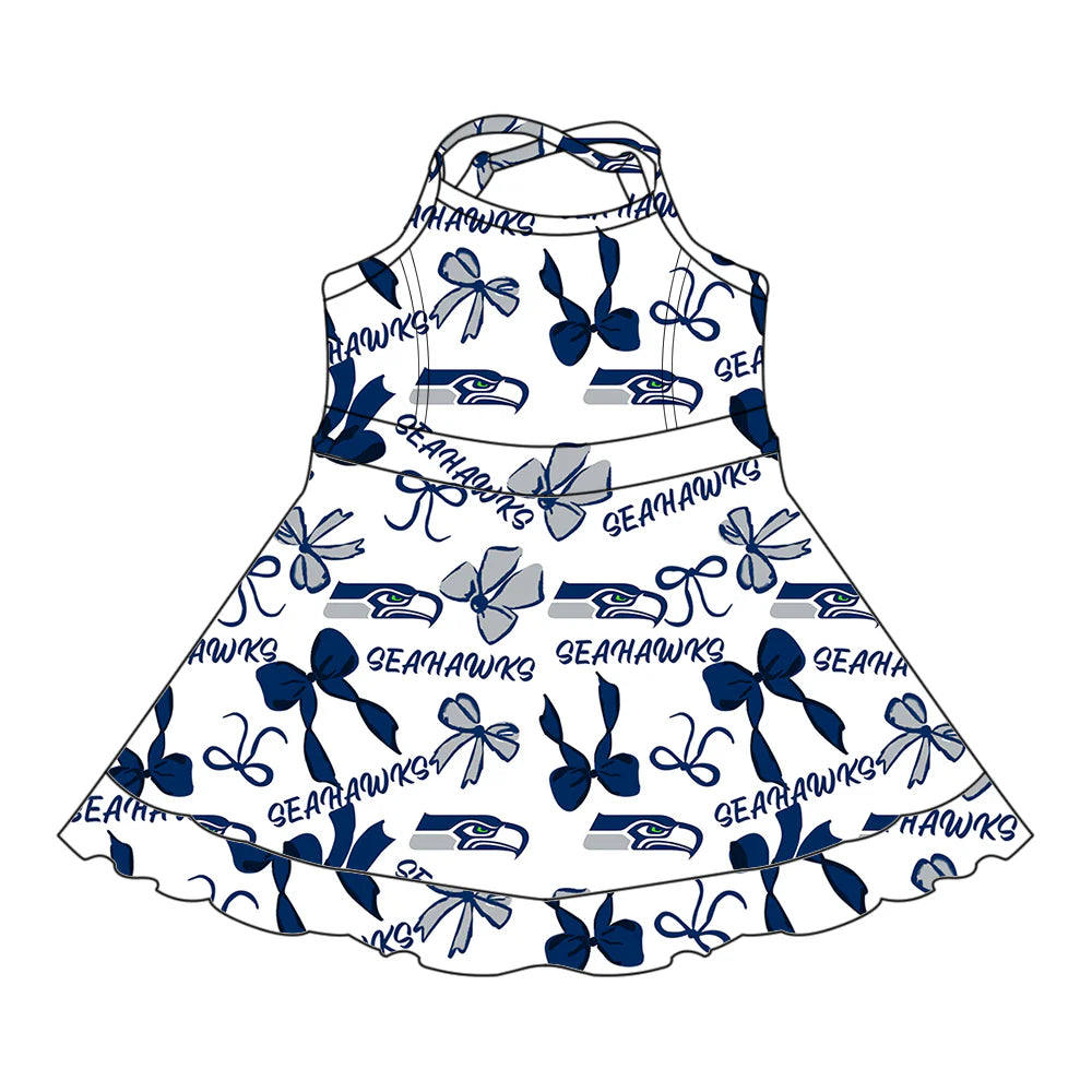 ( Moq 5 each style ) Baby Girl Toddler Team Blue Bows Sibling Skort Dress Set 6.6