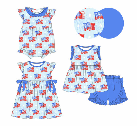 Baby Girl July 4th Flags Bows Sibling Romper Dress Set ( Moq 5 Each Style ) 12.30