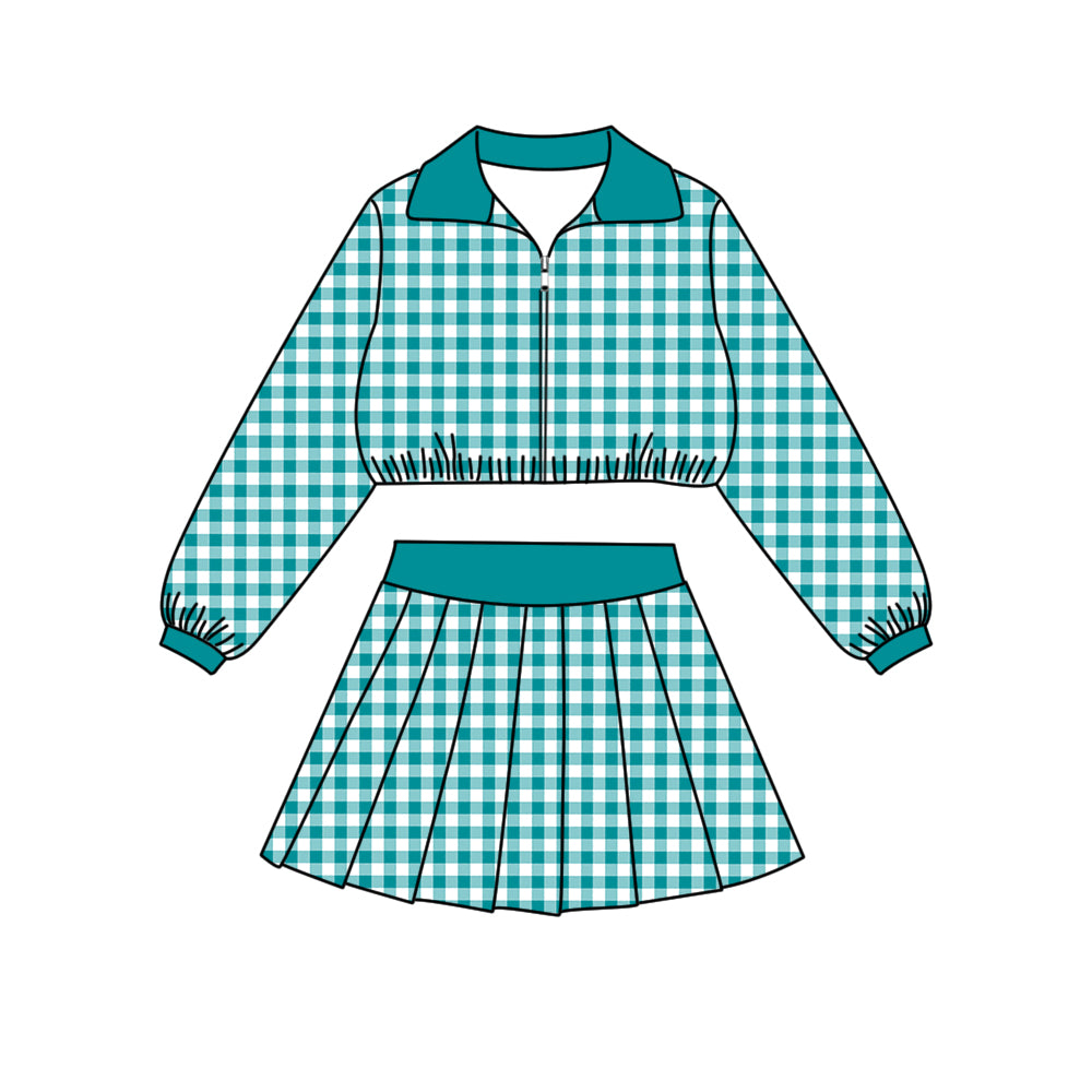 ( Moq 5 ) Baby Girls Kids Long Sleeves Black Plaid Zipper Tops Skirt Shorts Set Clothes