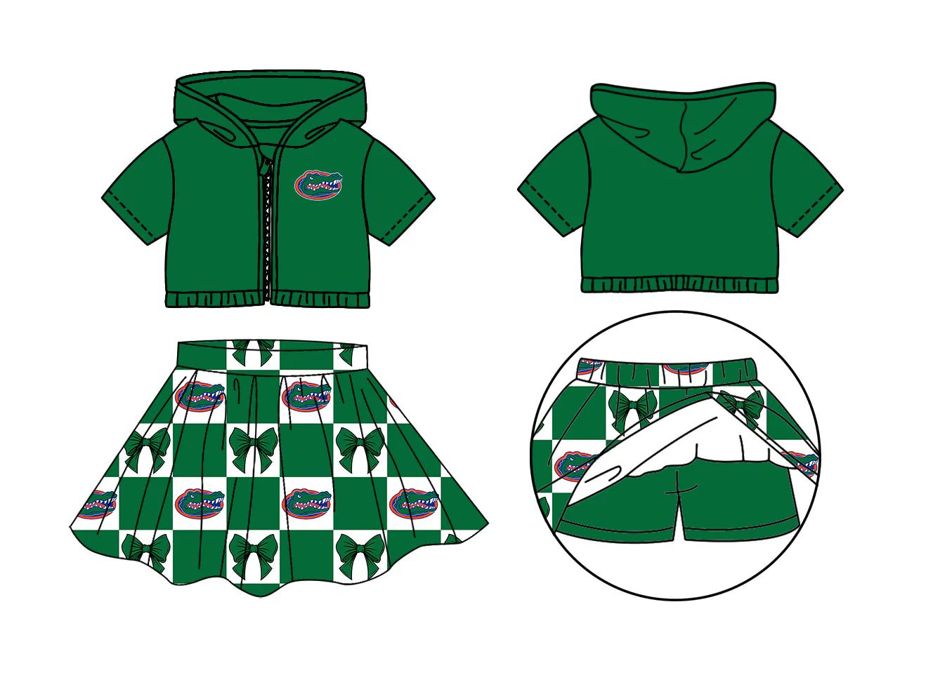 ( Moq 5 Each Style ) Baby Girls Kids Toddler Short Sleeves Green Hoodie Zipper Tops Bows Shorts Skirt Team Set