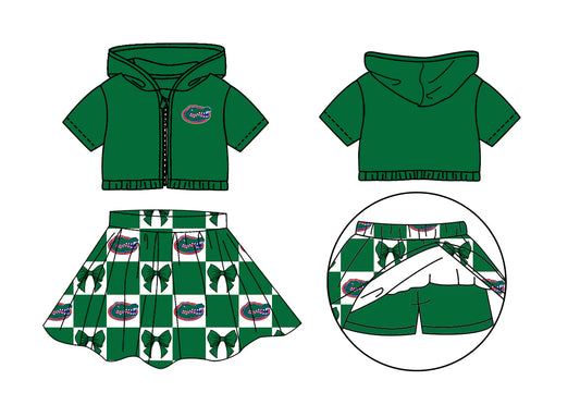 ( Moq 5 Each Style ) Baby Girls Kids Toddler Short Sleeves Green Hoodie Zipper Tops Bows Shorts Skirt Team Set