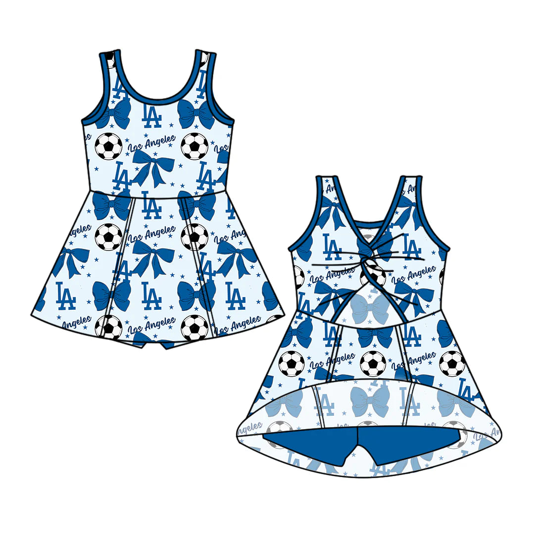 ( Moq 5 each style ) Baby Girl Toddler Team Blue Bows ‌Soccer‌ Sibling Romper Dress Set 6.14