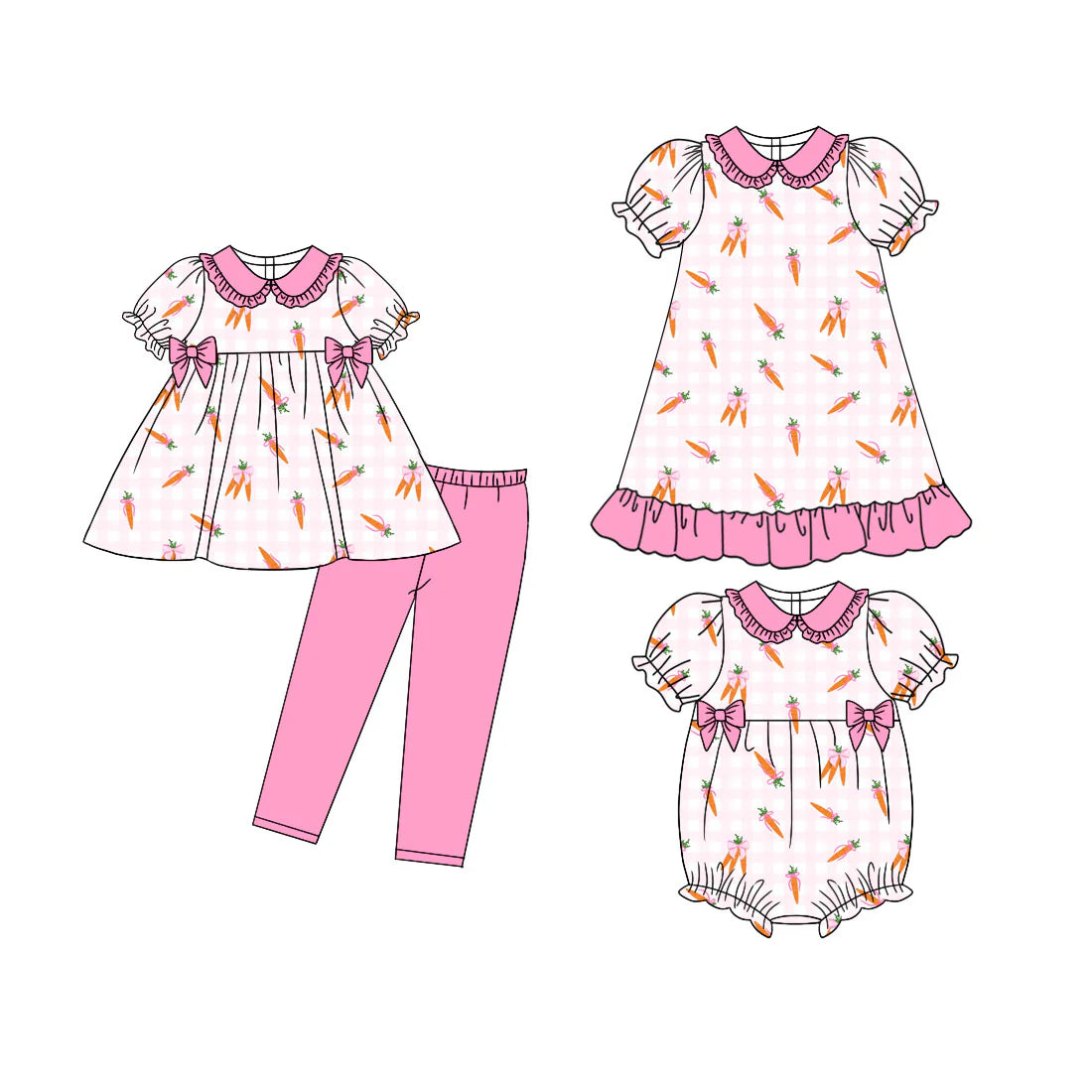 ( Moq 5 Each Style ) Baby Girls Kids Short Sleeves Carrots Bows Sibling Easter Romper Dress Set