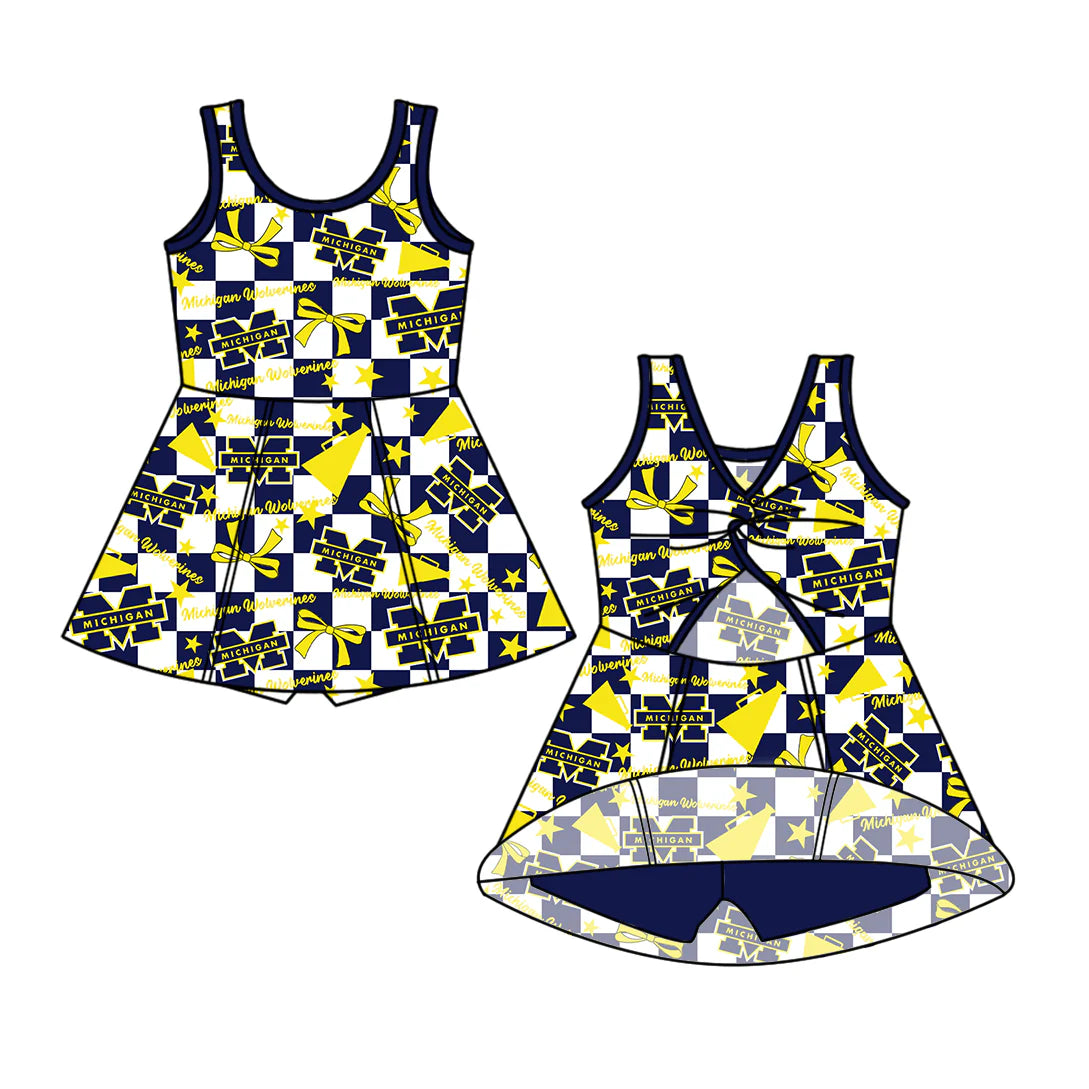 ( Moq 5 each style ) Baby Girl Toddler Team M Yellow Bows Cheer Sibling Checked Dress Set 6.30