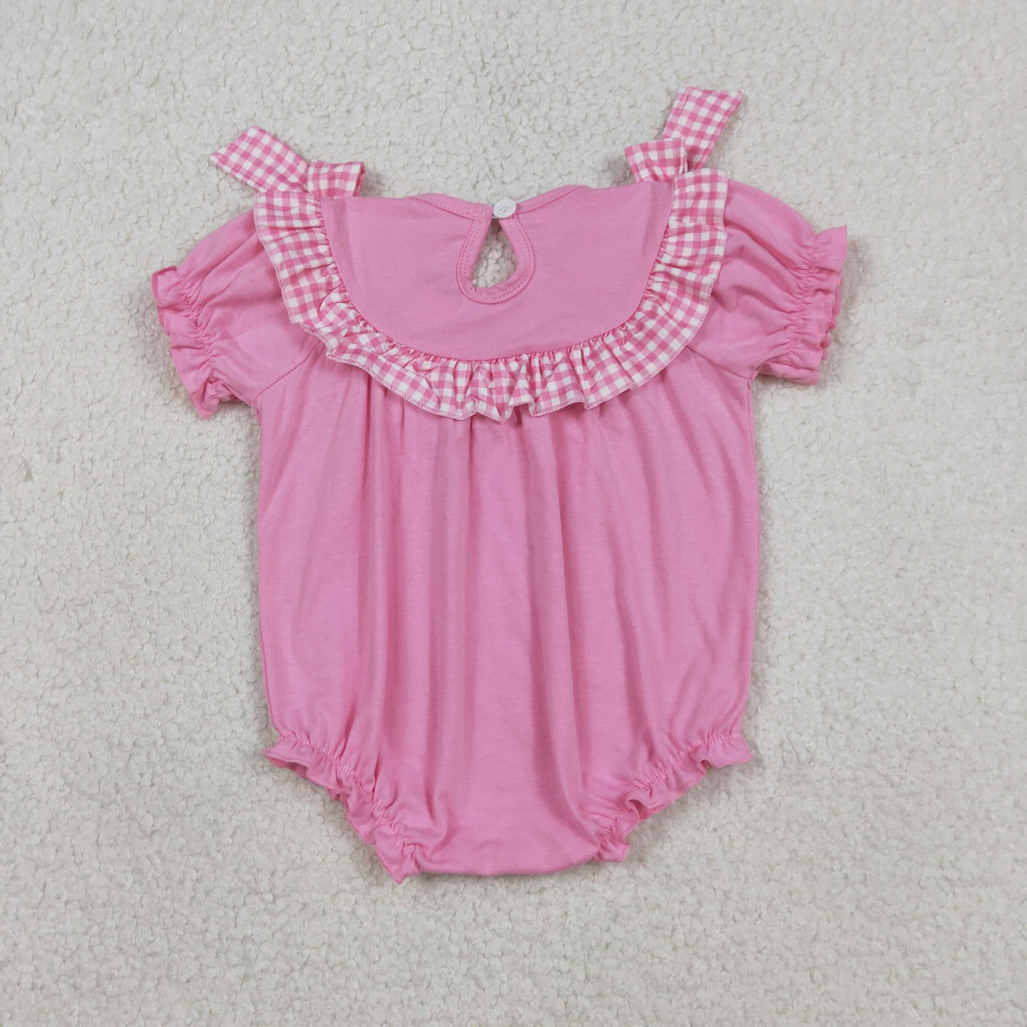 Baby Girls Infant Short Sleeves Embroidery Cross Easter Smocked Pink Bubble Romper RTS