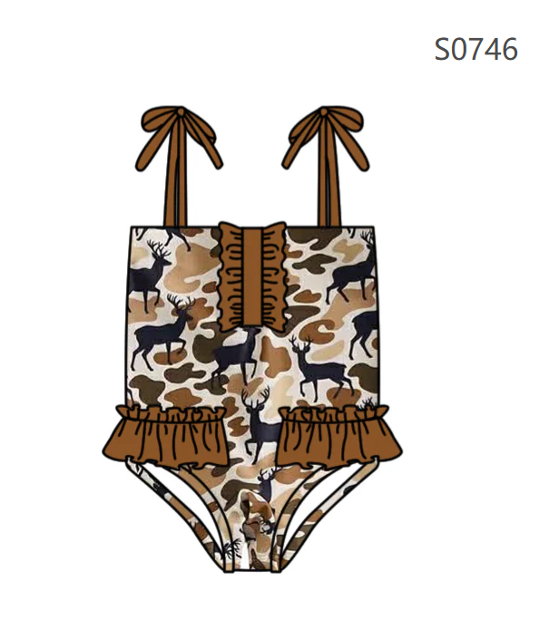 ( Moq 5 ) Preorder Baby Girls Kids Sleeveless Deer Camo Brown Ruffle Summer One-piece Swimsuit