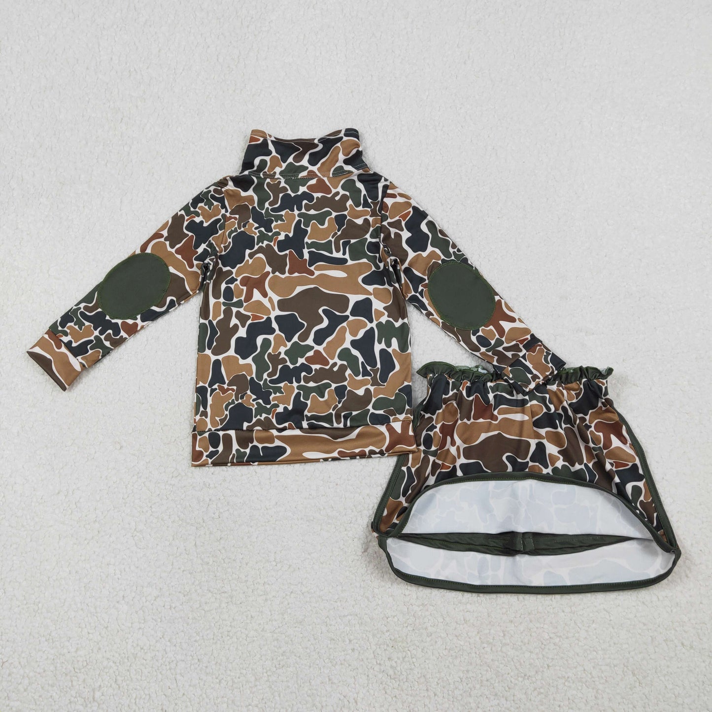 Baby Girls Kids Long Sleeves Brown Green Camo Zipper Pullover Skirt Shorts Set RTS