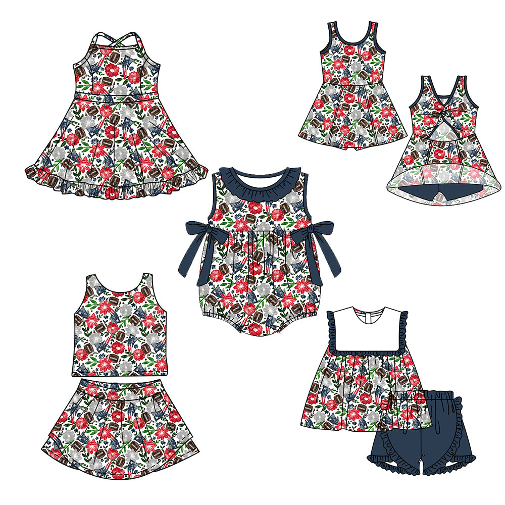 ( Moq 5 Each Style ) Baby Girls Kids Sleeveless Football Flower Bows Sibling Romper Dresses Sets