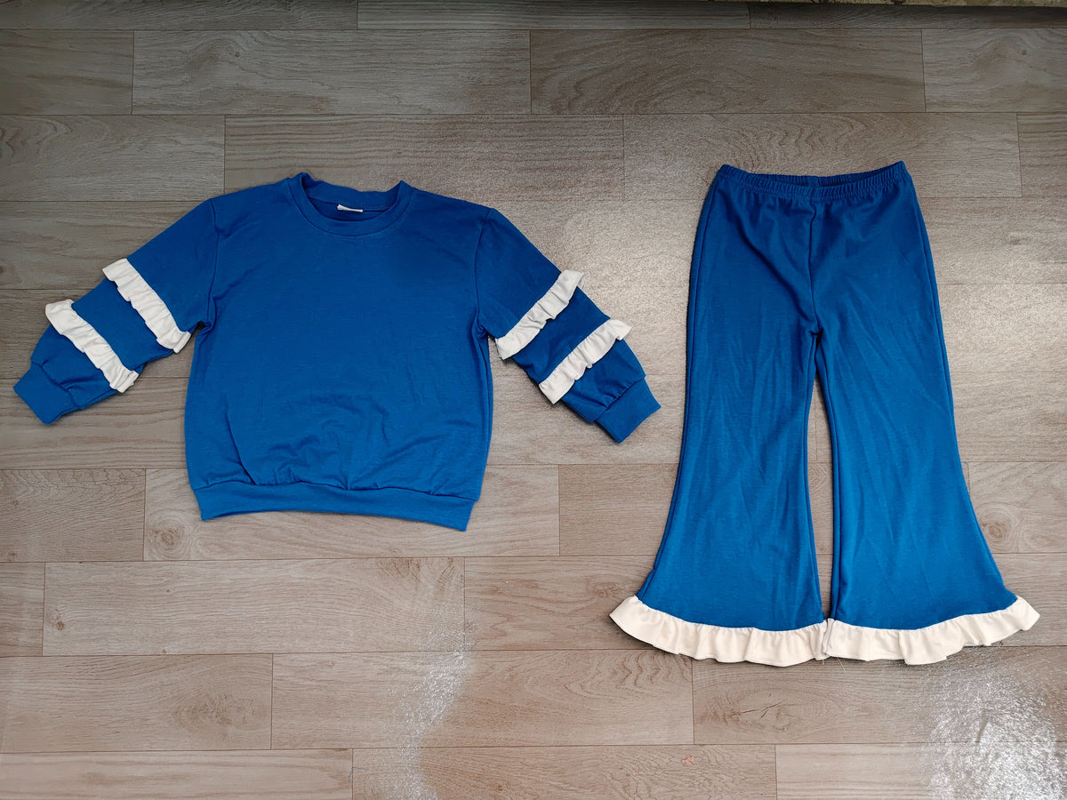 ( No moq ) Preorder Baby Girls Kids Long Sleeves Tops Bell Pants Blue Set Cotton Clothes