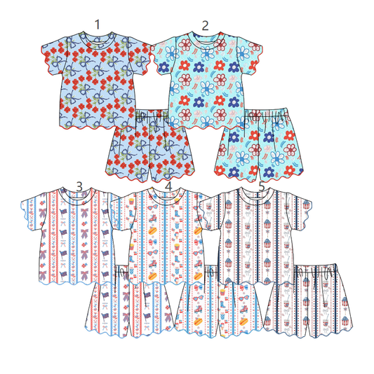 ( Moq 30 Each Style ) Sibling Baby Girls Kids Short Sleeves Flags Flower Bows 4th of July Shirts Scallop Shorts Sets