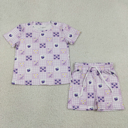 Baby Girl Kids Short Sleeves Flower Purple Plaid Shirt Shorts Set Summer Clothes RTS