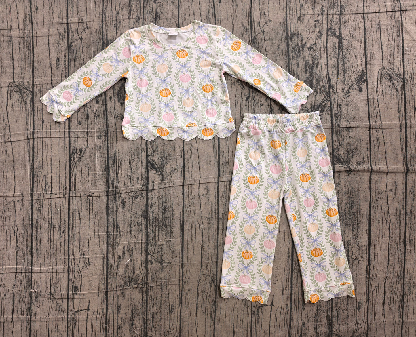 ( No moq ) Preorder Baby Girls Kids Pumpkins Bows Shirt Scallop Pants Set Fall Clothes