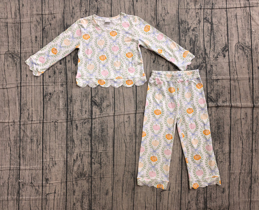 ( No moq ) Preorder Baby Girls Kids Pumpkins Bows Shirt Scallop Pants Set Fall Clothes
