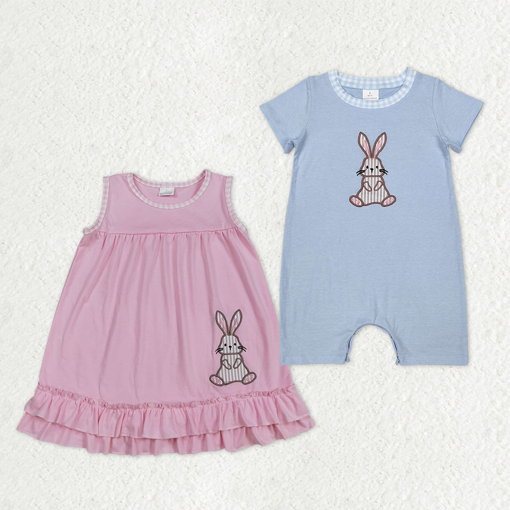 Sibling Baby Boys Girls Kids Embroidery Rabbits Easter Romper Dress Cotton Clothes RTS