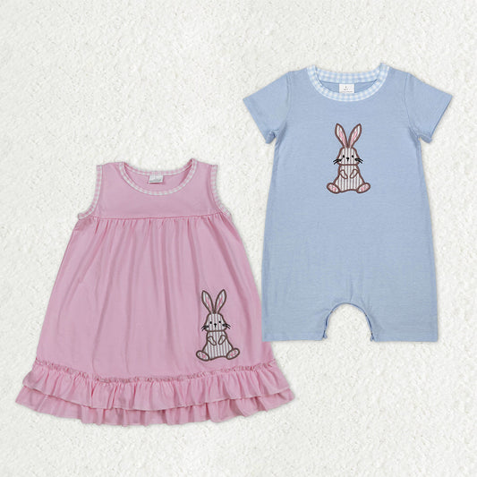 Sibling Baby Boys Girls Kids Embroidery Rabbits Easter Romper Dress Cotton Clothes RTS