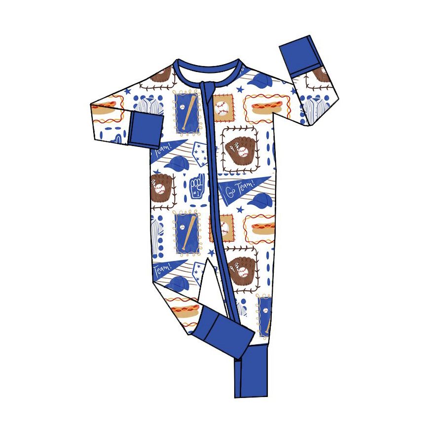 ( Moq 5 ) Preorder Baby Boys Kids Long Sleeves Baseball Zipper Footie Romper Blue Clothes