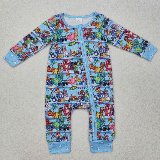 RTS Baby Boy Long Sleeves Cartoon Toys Zipper Blue Romper