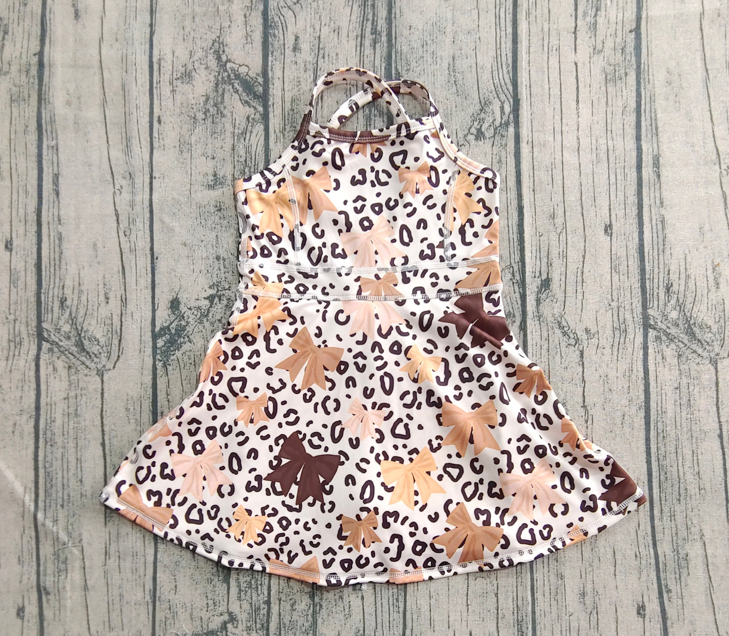 Baby Girl Straps Bows Leopard Knee Length Yoga Active Dress