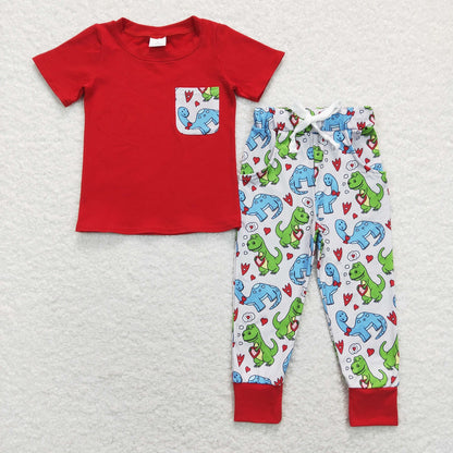 BSPO0235 Valentine's Day Baby Boy Red Short Sleeves Shirt Dinosaurs Hearts Pocket Pants Set