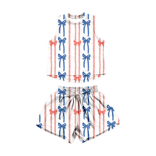( Moq 5 ) Preorder Baby Girls Kids Sleeveless Bows Stripes Tops Shorts Set 4th of July Clothes