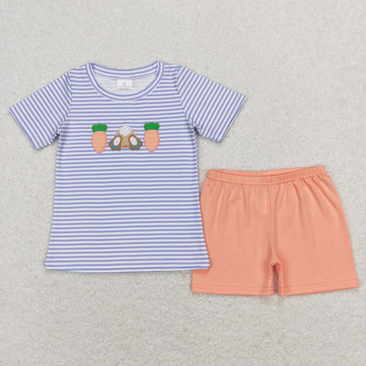 SR0534 Baby Boy Easter Embroidery Carrot Rabbit Stripes Romper