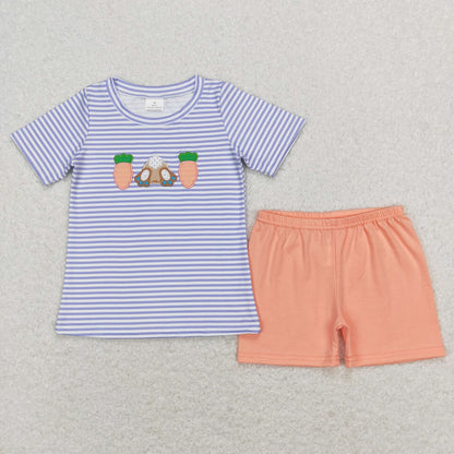 GSSO0373 Baby Boy Short Sleeves Embroidery Carrot Rabbit Purple Stripes Shirt Cotton Shorts Easter Set