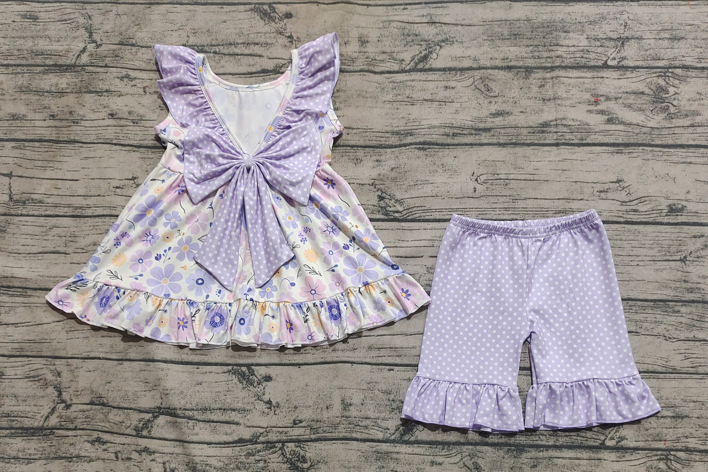 Baby Girl Sleeveless Flower Tunic Ruffle Purple Shorts Clothes Set RTS