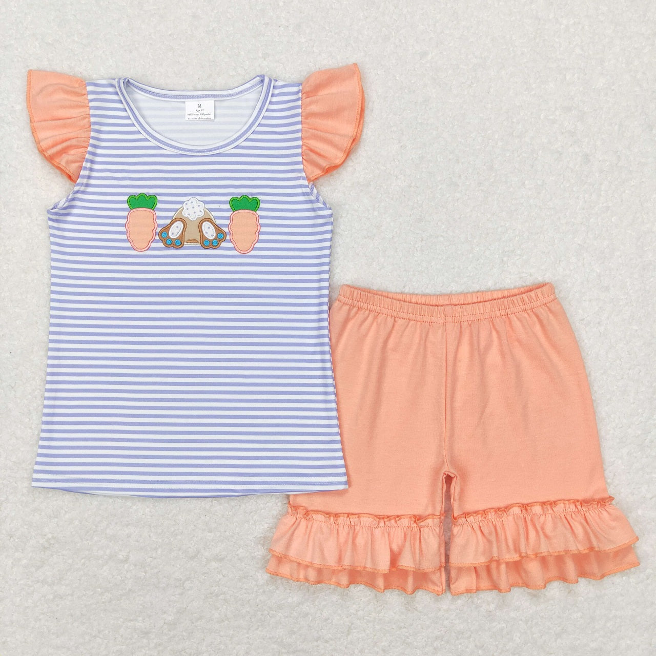 GSSO0373 Baby Boy Short Sleeves Embroidery Carrot Rabbit Purple Stripes Shirt Cotton Shorts Easter Set