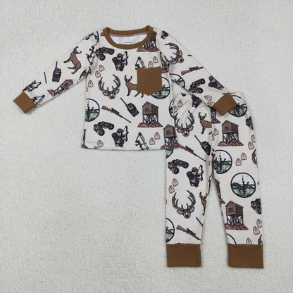 Kids Boy Long Sleeves Deer Dogs Hunting Shirt Pants Pajamas Set RTS