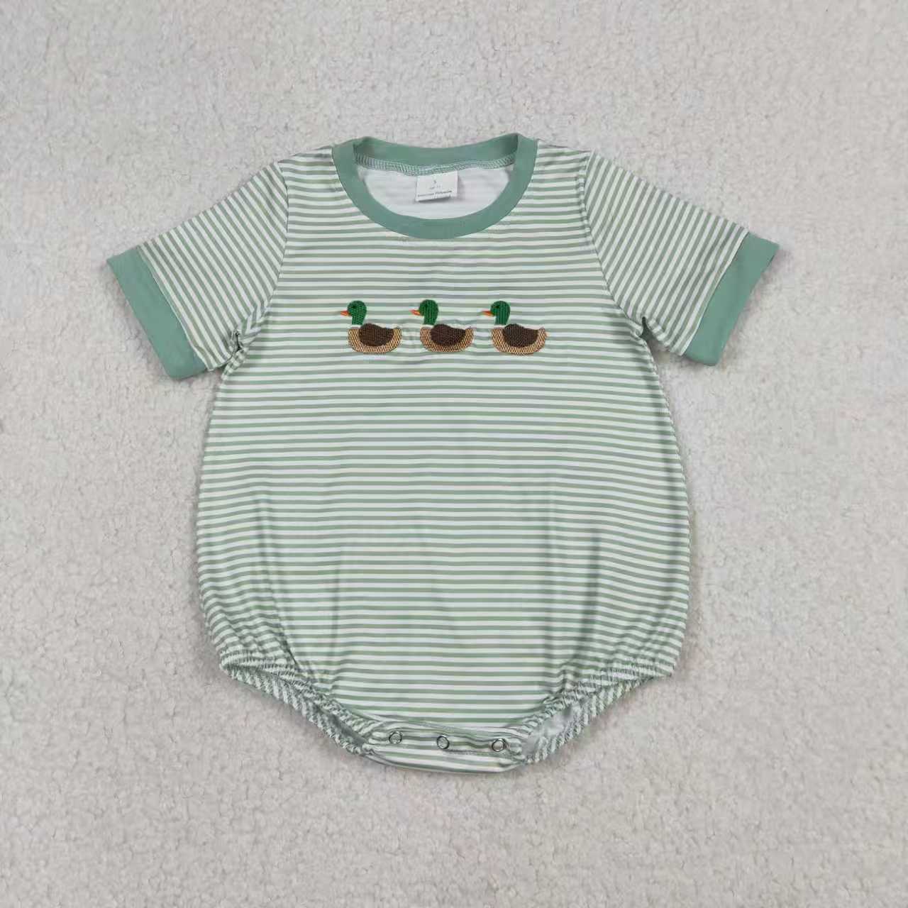 Sibling Baby Boys Kids Short Sleeves Embroidery Duck Pocket Green Stripes Romper Shirt RTS
