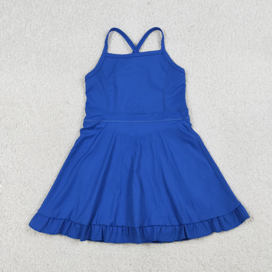Baby Girls Kids Straps Blue Yoga Active Shorts Knee Length Ruffle Dress RTS