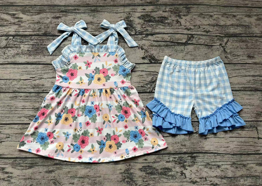 No moq Pre-order Baby Girl Floral Tunic Plaid Ruffle Shorts Summer Set