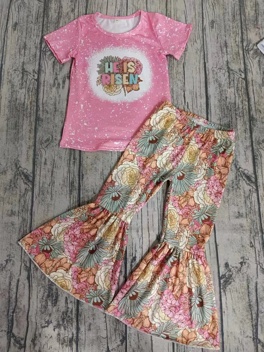 Moq 5 Baby Girl Short Sleeves Pink Shirt Flower Bell Pants Set