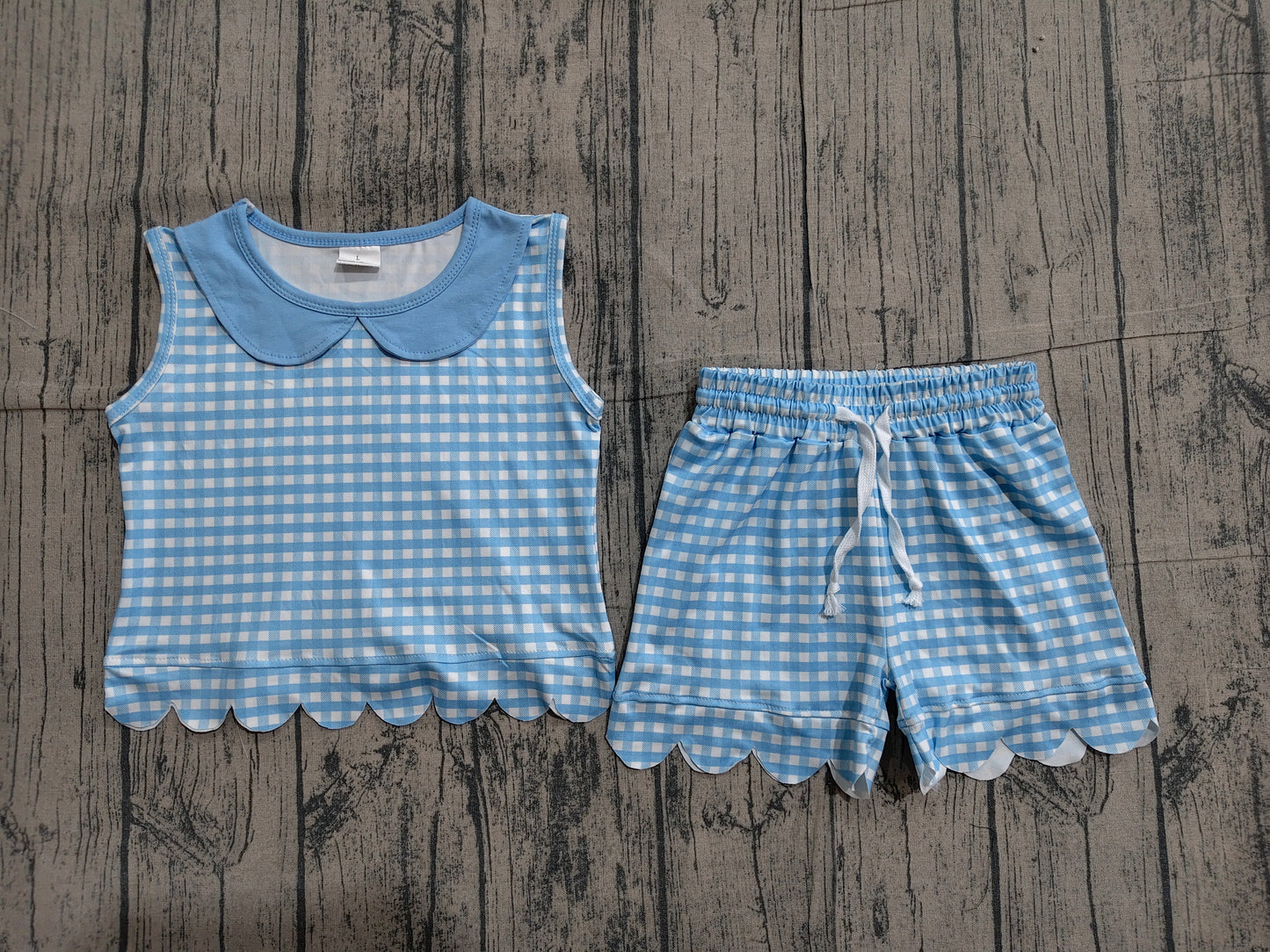 ( No moq ) Preorder Baby Girls Kids Blue Plaid Shirt Scallop Shorts Summer Set Clothes