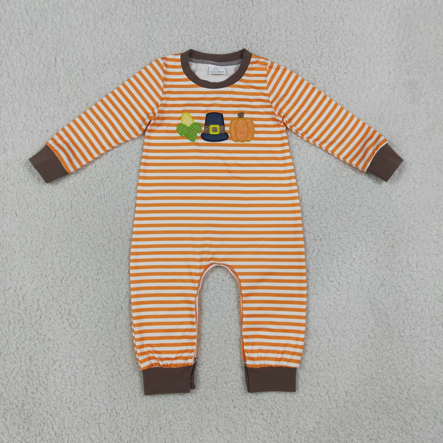 Baby Boys Infant Long Sleeves Embroidery Pumpkin Stripes Romper Thanksgiving Clothes RTS