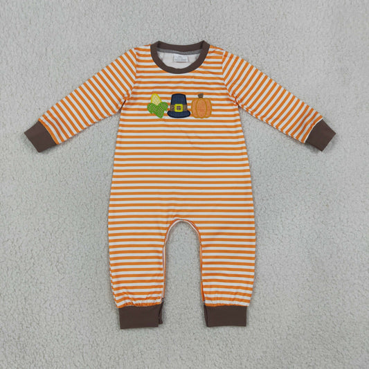 Baby Boys Infant Long Sleeves Embroidery Pumpkin Stripes Romper Thanksgiving Clothes RTS