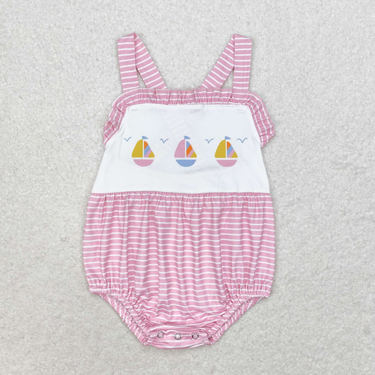 Baby Girl Sleeveless Boats Stripes Pink One Piece Romper