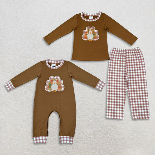 Sibling Baby Boys Kids Long Sleeves Embroidery turkey Thanksgiving Plaid Romper Set Fall Clothes RTS