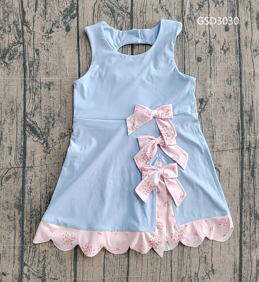 ( No moq ) Preorder Baby Girls Sleeveless Plaid Bows with Shorts Yoga Scallop Dress