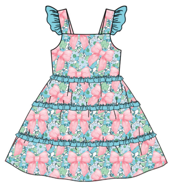 Baby Girl Flower Bows Sibling Matching Dress Romper Blue Clothes Set ( Moq 5 Each style )