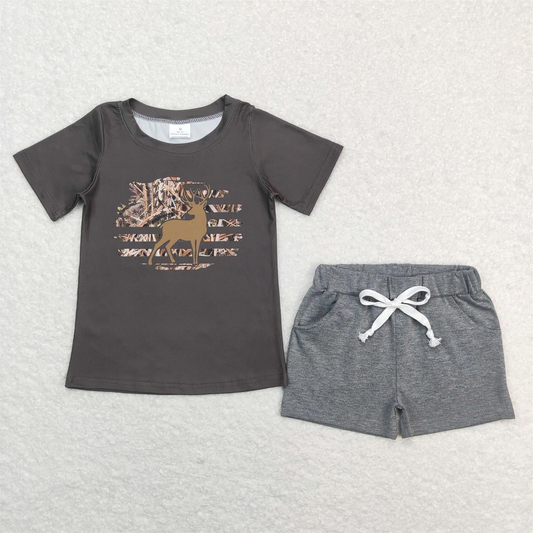 BSSO0473 Baby Boy Short Sleeves Deer Shirt Pocket Grey Shorts Summer Set