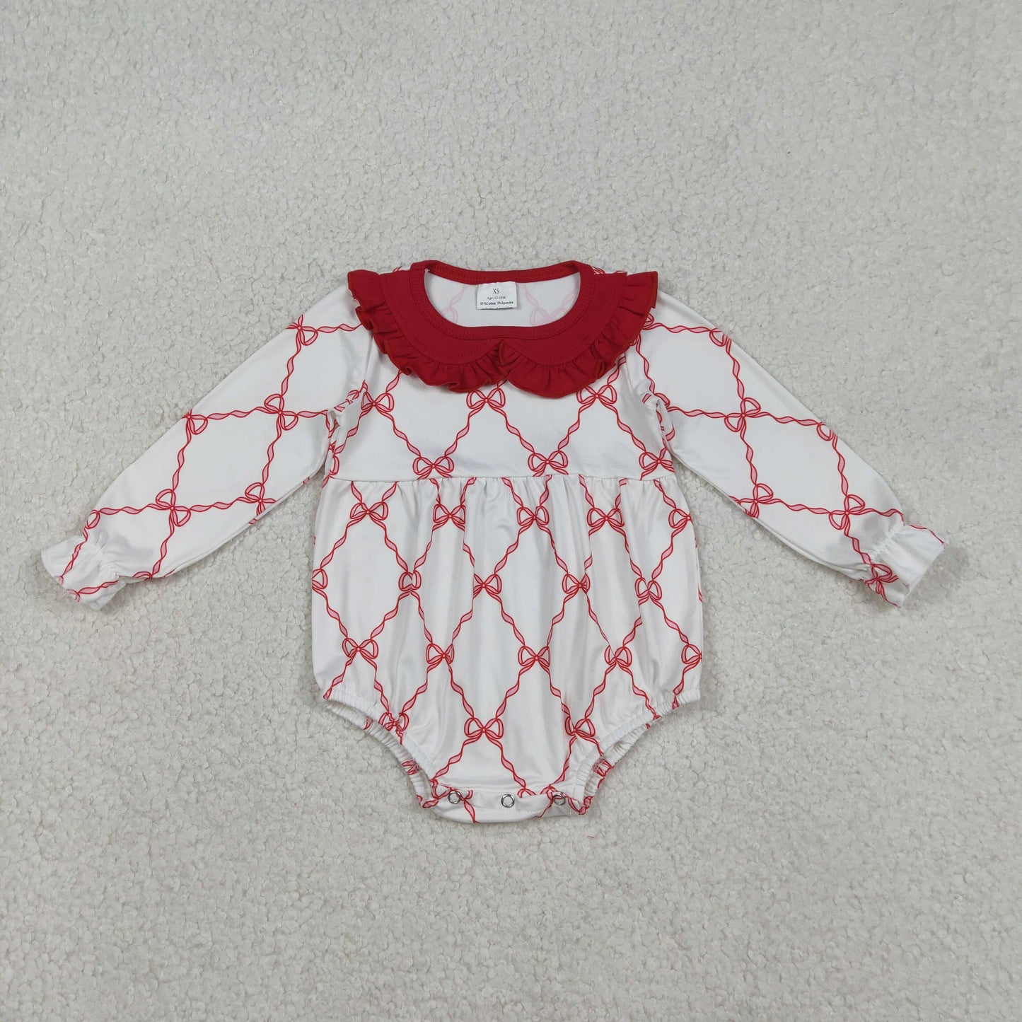 Baby Girls Infant Long Sleeves Red Bows Ruffle Bubble Romper RTS