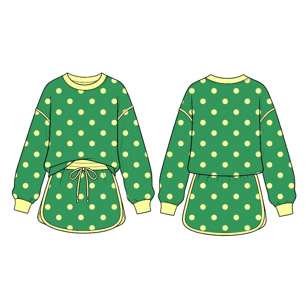 ( Moq 5 ) Preorder Baby Girls Kids Long Sleeves Dots Shirt Skirt Shorts Green Set Clothes
