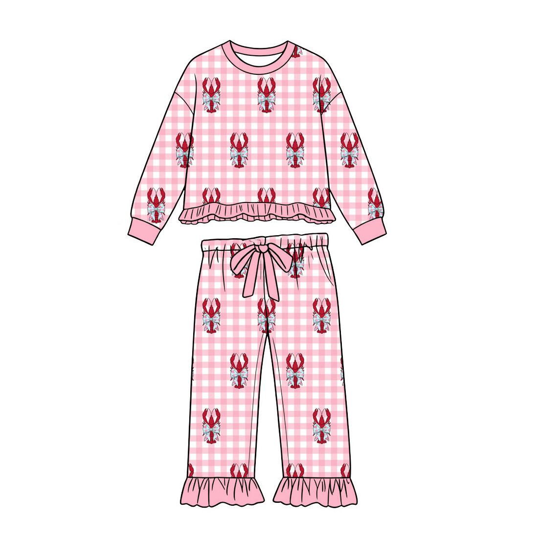 ( Moq 5 ) Preorder Baby Girls Kids Crayfish Bows Pink Plaid Shirt Pockets Pants Set Clothes
