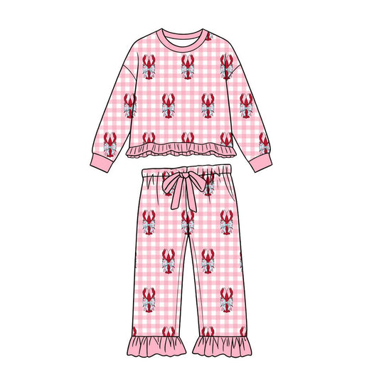 ( Moq 5 ) Preorder Baby Girls Kids Crayfish Bows Pink Plaid Shirt Pockets Pants Set Clothes