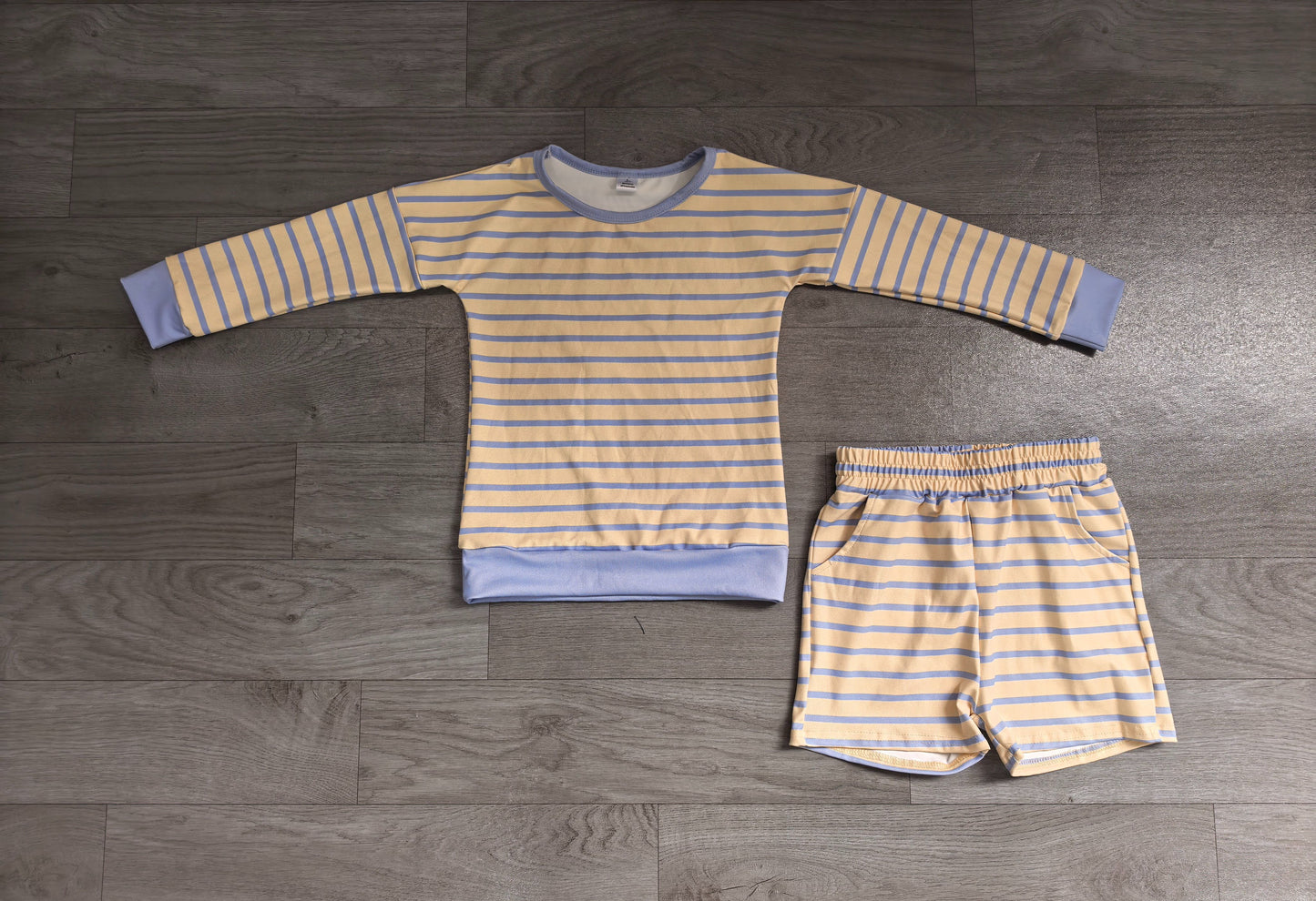 ( No moq ) Preorder Baby Girls Kids Long Sleeves Yellow Blue Stripes Shirt Shorts Set Yoga Active Clothes
